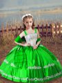 Green Ball Gowns Satin Straps Sleeveless Beading and Embroidery Floor Length Lace Up Little Girl Pageant Gowns