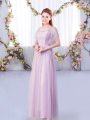 Lavender Tulle Side Zipper Wedding Party Dress Short Sleeves Floor Length Lace and Belt