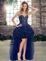 Stylish Navy Blue Sweetheart Neckline Beading and Ruffled Layers Prom Gown Sleeveless Lace Up