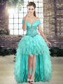 Cheap Aqua Blue A-line Organza Off The Shoulder Sleeveless Beading and Ruffles High Low Lace Up Military Ball Gowns