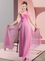 Perfect Floor Length Lace Up Quinceanera Court of Honor Dress Rose Pink for Wedding Party with Hand Made Flower