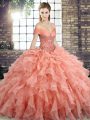 Super Off The Shoulder Sleeveless Sweet 16 Quinceanera Dress Brush Train Beading and Ruffles Peach Organza