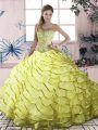 Sleeveless Beading and Ruffled Layers Lace Up Sweet 16 Quinceanera Dress with Yellow Green Brush Train