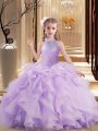 Fashionable Beading and Ruffles Little Girls Pageant Dress Lavender Lace Up Sleeveless Floor Length