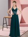 Cheap Peacock Green Sleeveless Beading Floor Length Prom Dresses