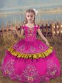Best Floor Length Fuchsia Little Girls Pageant Dress Satin Sleeveless Beading and Embroidery