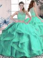 Gorgeous Turquoise Tulle Lace Up Sweet 16 Dresses Sleeveless Floor Length Beading and Ruffles