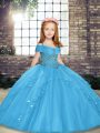 Custom Made Blue Ball Gowns Beading Little Girls Pageant Dress Lace Up Tulle Sleeveless Floor Length