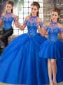 Sleeveless Tulle Brush Train Lace Up Sweet 16 Dresses in Blue with Beading and Pick Ups
