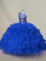 Adorable Royal Blue Lace Up Scoop Ruffles and Sequins 15 Quinceanera Dress Organza Sleeveless