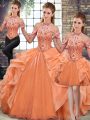 Best Selling Halter Top Sleeveless Quince Ball Gowns Floor Length Beading and Ruffles Orange Organza