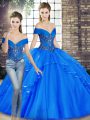 Cute Sleeveless Tulle Floor Length Lace Up Quinceanera Dresses in Royal Blue with Beading and Ruffles