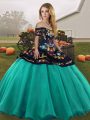 Designer Off The Shoulder Sleeveless Lace Up Quinceanera Gowns Turquoise Tulle