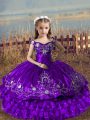 Satin and Organza Off The Shoulder Sleeveless Lace Up Embroidery and Ruffled Layers Girls Pageant Dresses in Purple