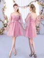 V-neck Half Sleeves Bridesmaid Dress Mini Length Appliques and Belt Pink Tulle