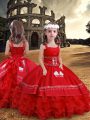 Straps Sleeveless Little Girls Pageant Gowns Floor Length Embroidery and Ruffled Layers Red Satin and Organza