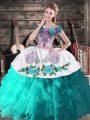 Turquoise Off The Shoulder Lace Up Embroidery Quince Ball Gowns Sleeveless
