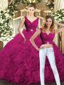 Charming Fuchsia Fabric With Rolling Flowers Backless V-neck Sleeveless Floor Length Quinceanera Gown Beading