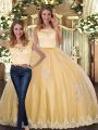 Gold Clasp Handle Scoop Lace and Appliques Quinceanera Dress Tulle Sleeveless