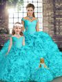 Best Aqua Blue Ball Gowns Beading and Ruffles Quinceanera Dress Lace Up Organza Sleeveless Floor Length