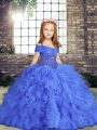 Sleeveless Floor Length Beading and Ruffles Lace Up Little Girls Pageant Dress with Blue