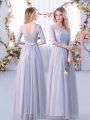 Amazing Grey Tulle Side Zipper V-neck Half Sleeves Floor Length Bridesmaid Dress Lace and Belt