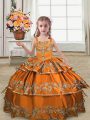 Stunning Orange Lace Up Glitz Pageant Dress Embroidery and Ruffled Layers Sleeveless Floor Length