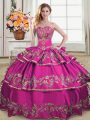 Top Selling Fuchsia Ball Gowns Sweetheart Sleeveless Satin and Organza Floor Length Lace Up Embroidery and Ruffled Layers Sweet 16 Dresses