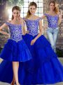 Designer Beading and Lace Sweet 16 Dress Royal Blue Lace Up Sleeveless Brush Train