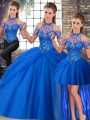 Chic Sleeveless Beading and Pick Ups Lace Up 15th Birthday Dress with Blue Brush Train