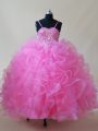 Rose Pink Lace Up Little Girls Pageant Gowns Beading and Ruffles Sleeveless Floor Length