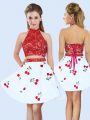 Customized White And Red Halter Top Lace Up Lace and Pattern Vestidos de Damas Sleeveless