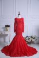 Red Long Sleeves Lace Zipper Prom Dresses