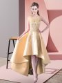 Modest Gold A-line Satin Scoop Sleeveless Lace High Low Zipper Bridesmaid Dress