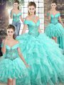 Sleeveless Beading and Ruffles Lace Up Quinceanera Dresses with Aqua Blue Brush Train