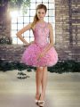 Fabulous Mini Length Rose Pink Prom Party Dress Fabric With Rolling Flowers Sleeveless Beading