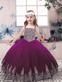 Super Eggplant Purple Sleeveless Floor Length Beading and Embroidery Lace Up Little Girl Pageant Dress