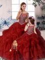 Fantastic Wine Red Ball Gowns Beading and Pick Ups Ball Gown Prom Dress Zipper Organza Sleeveless