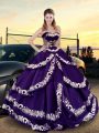 Traditional Sleeveless Embroidery and Ruffled Layers Lace Up Quinceanera Gown with Purple