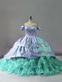Blue Off The Shoulder Neckline Embroidery and Ruffles 15th Birthday Dress Sleeveless Lace Up