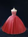 Red Lace Up Sweetheart Beading Quinceanera Gowns Tulle Sleeveless
