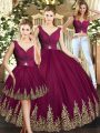 V-neck Sleeveless Quinceanera Gowns Floor Length Beading and Appliques Burgundy Tulle