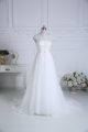 Beading and Belt Bridal Gown White Lace Up Cap Sleeves Brush Train