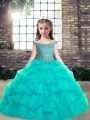 Aqua Blue Ball Gowns Beading and Ruffles Little Girl Pageant Gowns Lace Up Organza Sleeveless Floor Length