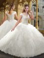 Stylish White V-neck Zipper Beading and Ruffles Wedding Gowns Cap Sleeves
