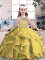 Sleeveless Tulle Floor Length Lace Up Little Girl Pageant Dress in Olive Green with Beading and Ruffles
