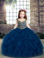 Navy Blue Ball Gowns Straps Sleeveless Floor Length Lace Up Beading and Ruffles Pageant Gowns For Girls
