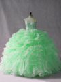 Low Price Apple Green Ball Gowns Strapless Sleeveless Organza Brush Train Lace Up Beading and Ruffles Quinceanera Gowns