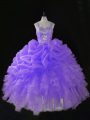 Exceptional Lavender Ball Gowns Straps Sleeveless Organza Floor Length Zipper Beading and Ruffles and Pick Ups Quinceanera Dress