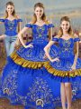 Satin Off The Shoulder Sleeveless Lace Up Embroidery Sweet 16 Quinceanera Dress in Blue